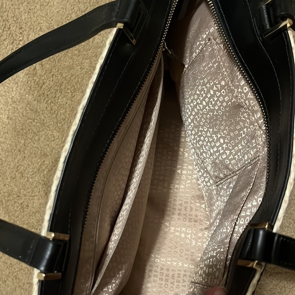 KATE SPADE Black Leather White Woven Patterned Silver Tone Hardware Tote Handbag - Picture 6 of 12